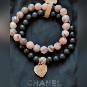 Authenic CC Charm, Healing Bracelets with Pink Zebra Jasper & Matte Black Onyx